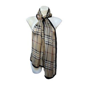 Plaid Checkered Beige & Black Sheer Silk Scarf Oblong XL